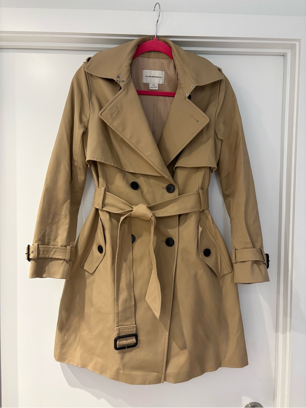Club Monaco Tan Double-Breasted Trench Coat with Waist Tie